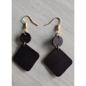 Handmade‎ Genuine Leather Square and Circle Dangle Earrings, Brown and Gold